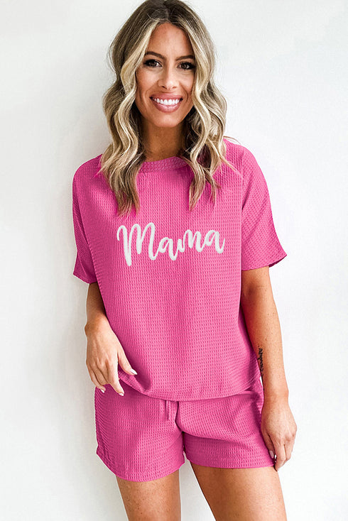 Rose Red Waffle mama Embroidered Tee and Drawstring Shorts